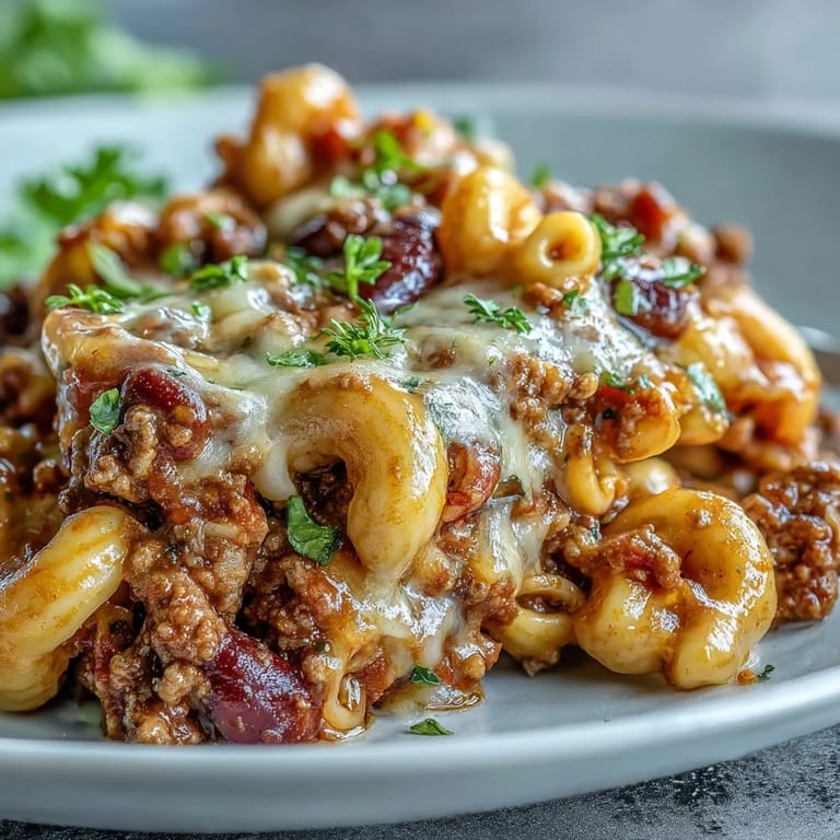 Creamy One-Pan High Protein Chili Mac served in a bowl topped with sour cream and tortilla chips.