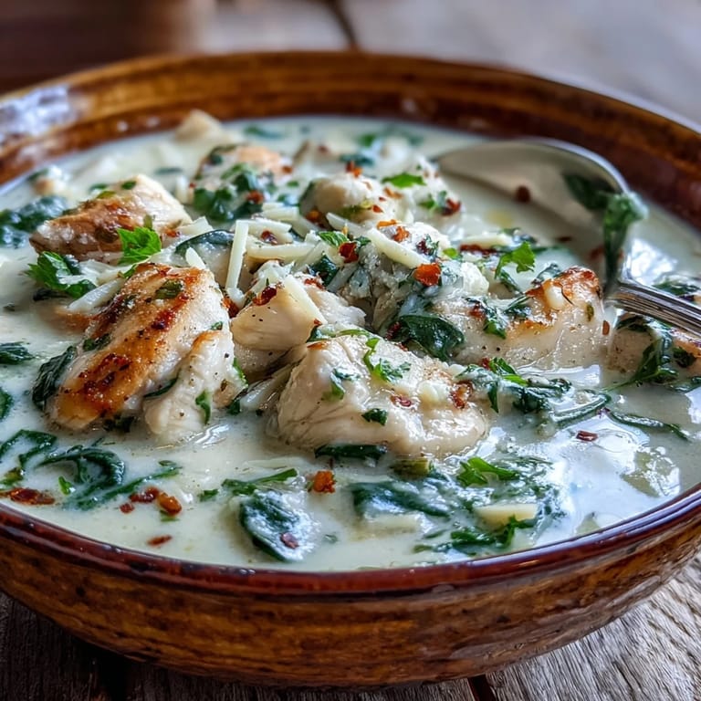 Creamy Garlic Parmesan Chicken Soup in a white bowl with a golden hue.