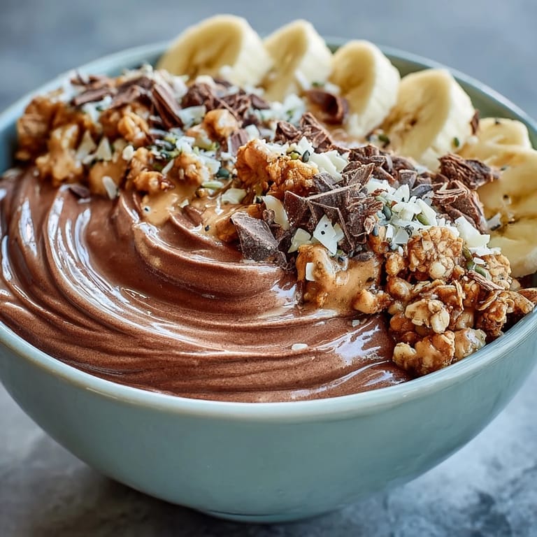 A close-up of Chunky Monkey Smoothie Bowls topped with crunchy granola and sliced bananas.