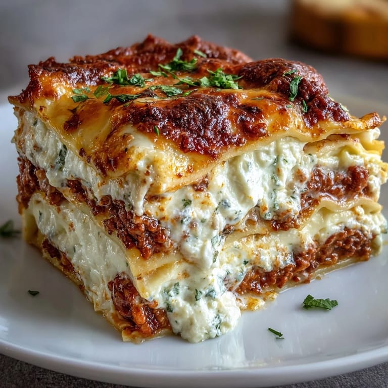 A slice of Worlds Best Lasagna reveals rich meat sauce and cheesy layers beside a glass of red wine.