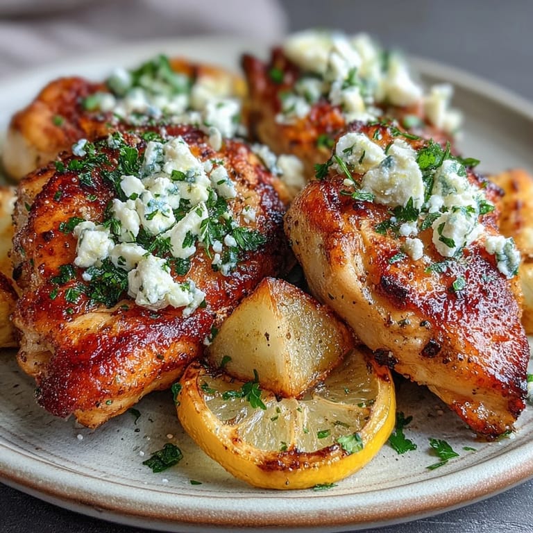 A golden-brown skillet of Greek Chicken with Lemon and Feta, glistening with olive oil and fresh herbs.