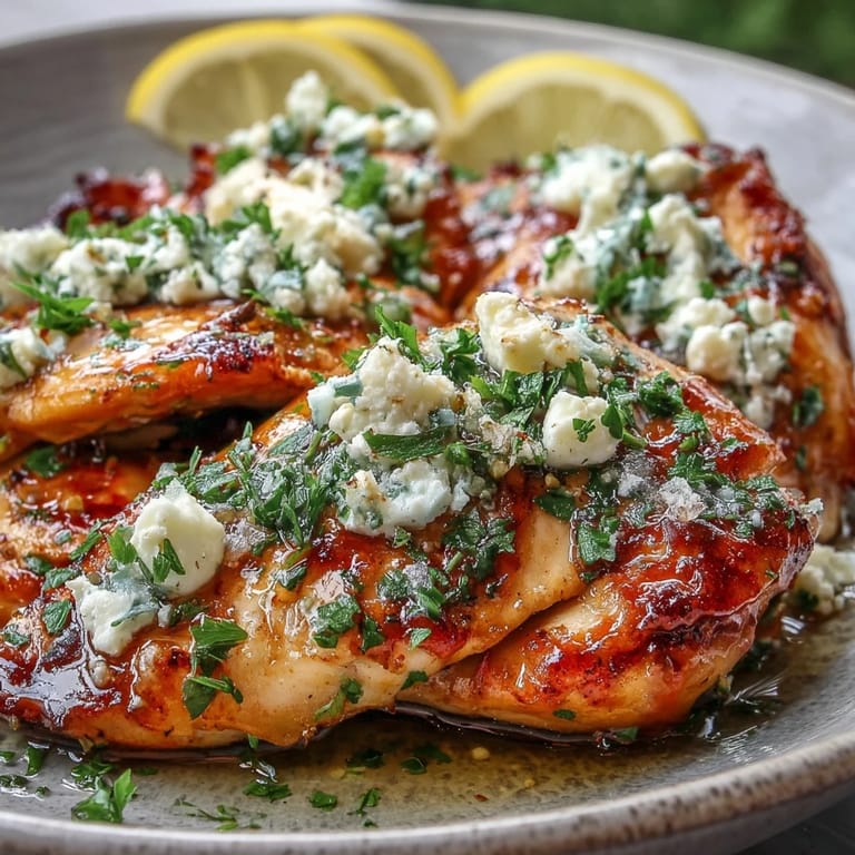 Close-up of Greek Chicken with Lemon and Feta plated beside a crisp Greek salad, ready for a healthy dinner.