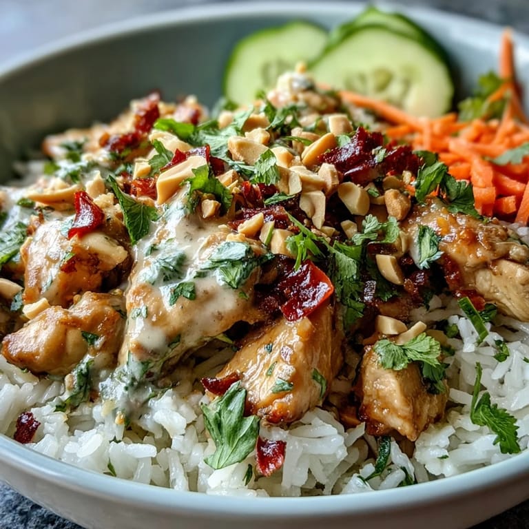 Spicy-creamy Thai Peanut Chicken Bowl garnished with cilantro and peanuts, served with lime wedges.