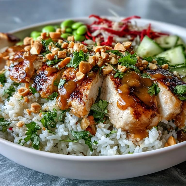 Fluffy coconut rice topped with juicy grilled chicken, crunchy cabbage, carrots, and cucumber, finished with a drizzle of peanut sauce.
