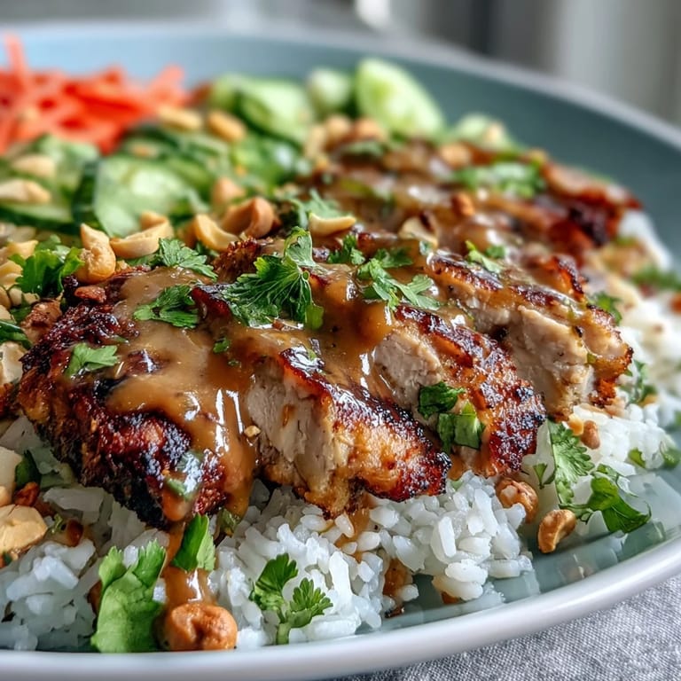 Savory Coconut Rice Peanut Bowl garnished with chopped peanuts and lime wedges, served alongside colorful, fresh vegetables and tender chicken.