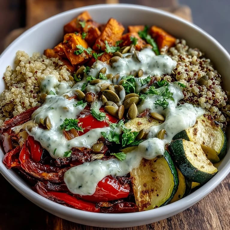 Plant-based Lentil Power Bowl served with savory lentils, golden sweet potatoes, and bell peppers, finished with a tangy tahini drizzle.
