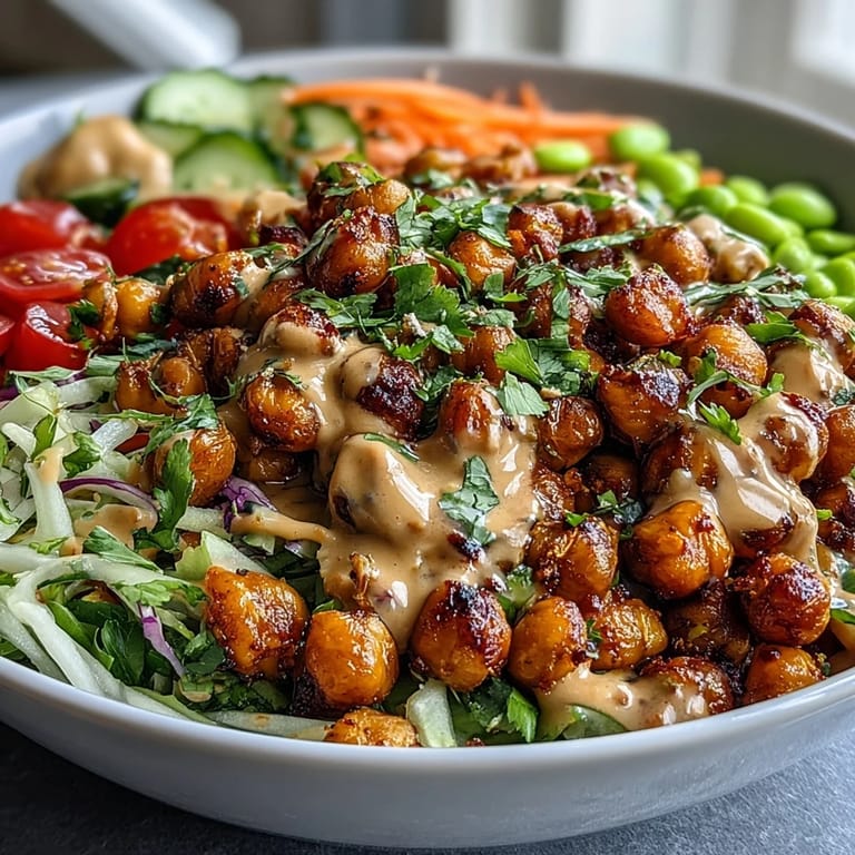 Enjoy the Peanut Chickpea Protein Bowl topped with chopped peanuts, sesame seeds, and lime wedges on a rustic table.