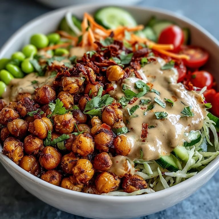 In the Peanut Chickpea Protein Bowl, golden roasted chickpeas rest beside colorful cabbage, carrots, and cucumber over fluffy quinoa.  