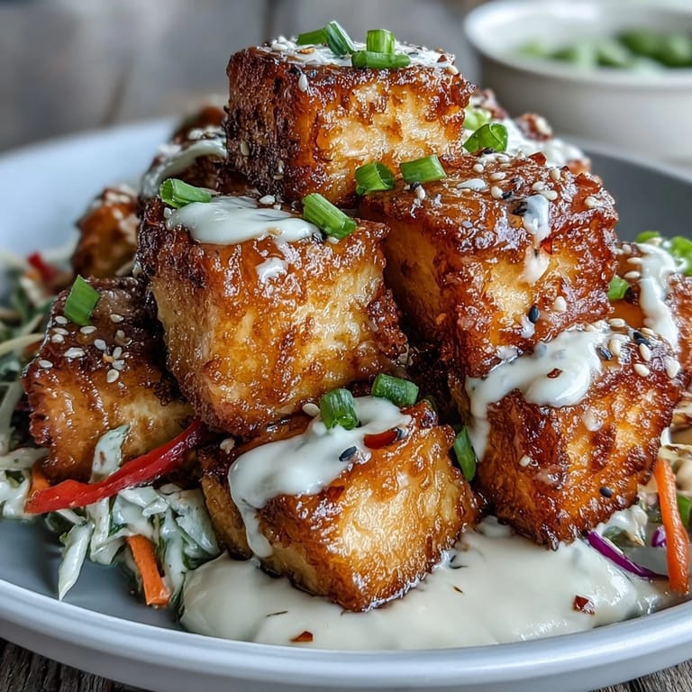 A close-up of the Peanut Tofu Power Bowl showcases julienned carrots, red cabbage, and edamame for a crunchy, nutritious meal.