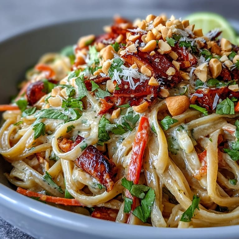 An overhead view of a fresh Asian Peanut Noodle Bowl featuring rice noodles, colorful veggies, sesame seeds, and lime wedges for squeezing.