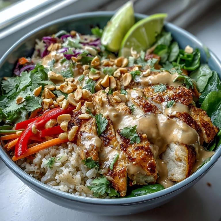 Close-up of a nourishing Peanut Chicken Power Bowl with juicy chicken, greens, and limes for squeezing, served ready for a quick, healthy dinner.