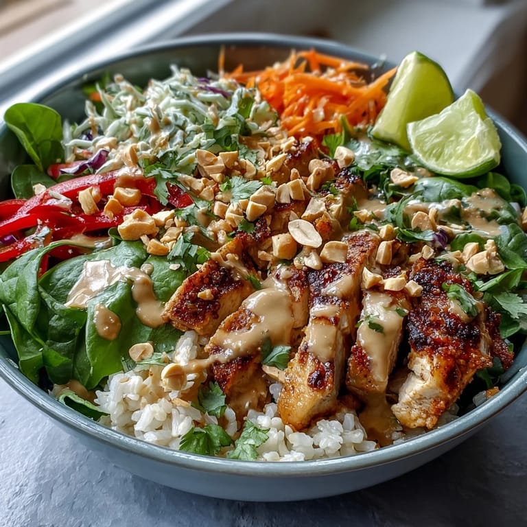 Vibrant purple cabbage, carrot, and red bell pepper top a hearty grain base in this satisfying Peanut Chicken Power Bowl, garnished with chopped peanuts.