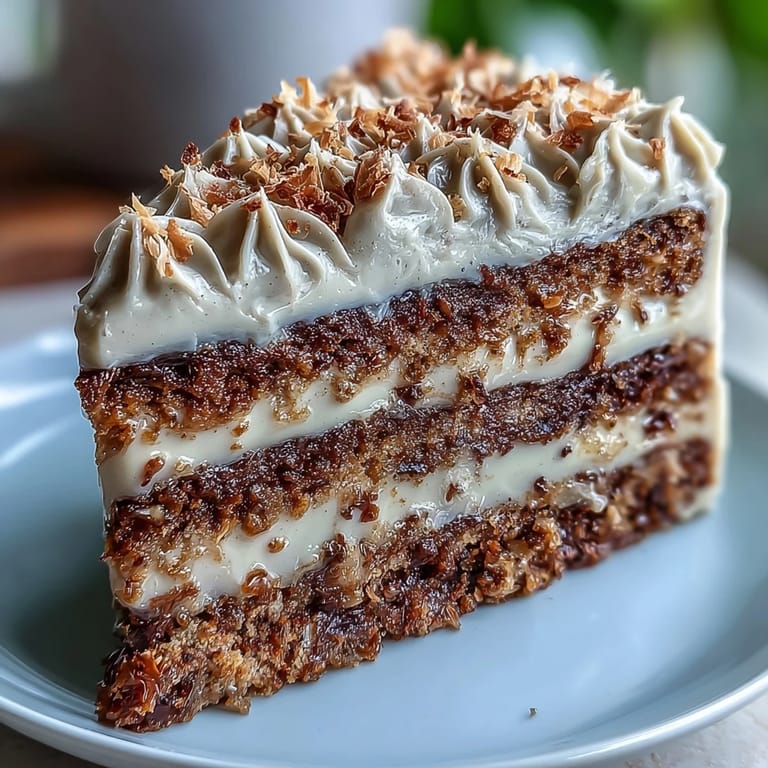 Warm Vegan Hojicha Latte Cake sits on a plate, its toasted tea aroma complemented by creamy coconut frosting and scattered toasted coconut flakes.
