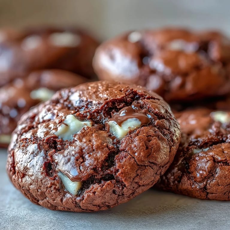 Close-up of Hojicha Brownie Cookies revealing cracked tops, creamy white chocolate chips, and a deep, nutty roasted tea aroma.
