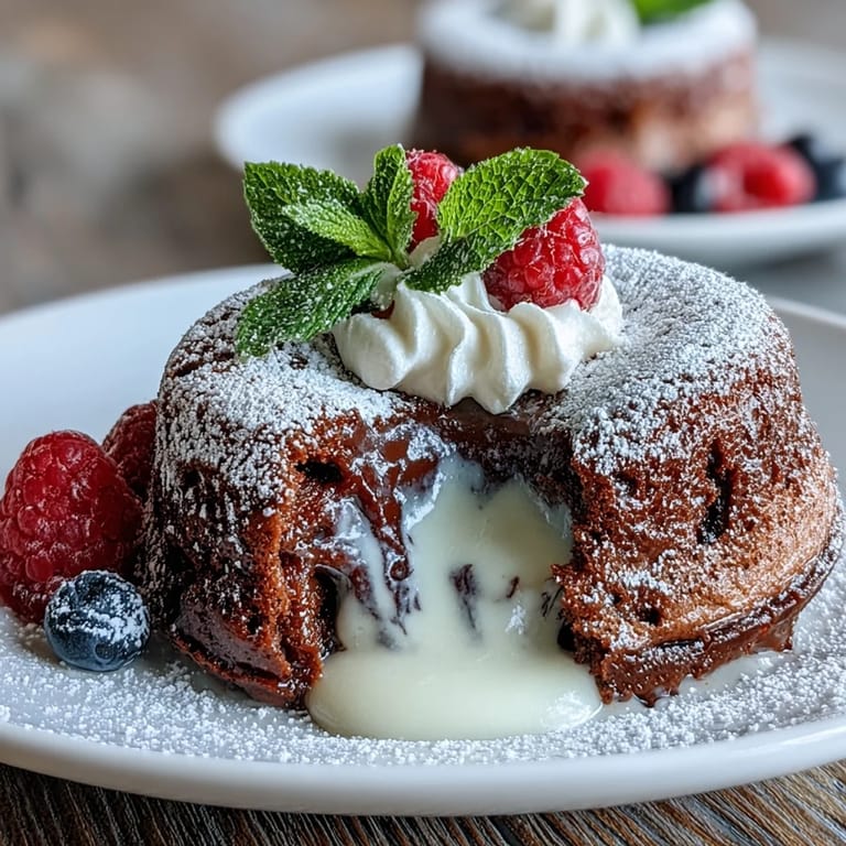 Fresh Hojicha White Chocolate Lava Cakes inverted from ramekins, served with whipped cream and fresh berries.