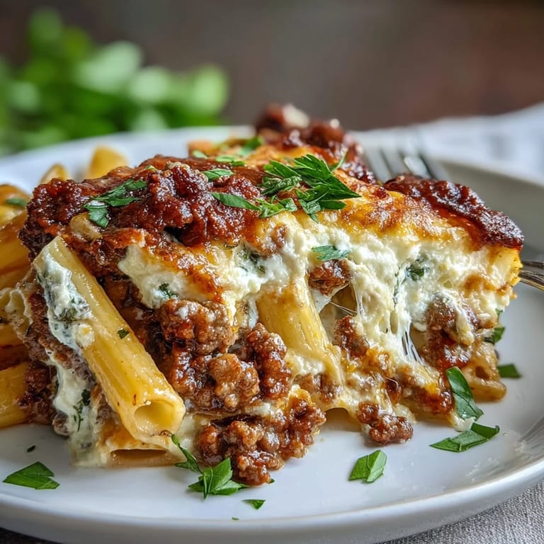 A serving spoon lifts a portion of Cottage Cheese Protein Pasta Bake with Ground Beef, revealing creamy layers and tender whole wheat penne.