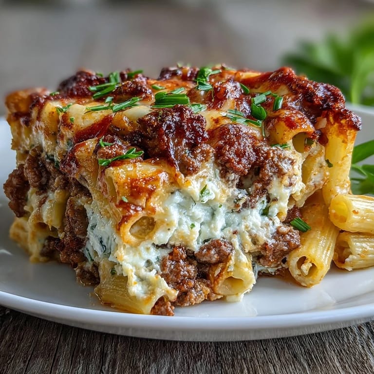Freshly baked Cottage Cheese Protein Pasta Bake with Ground Beef rests next to a green salad on a rustic wooden table.