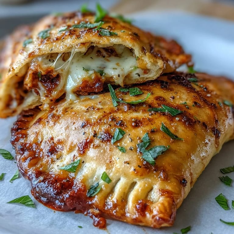 Close-up view of a cut High Protein Pizza Hot Pocket revealing zesty tomato sauce and stringy cheese inside. 