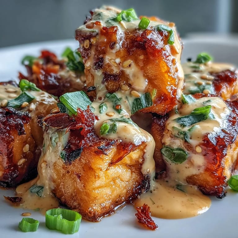 Plated Bang Bang Salmon Bites next to fresh lime wedges and fluffy steamed rice. 