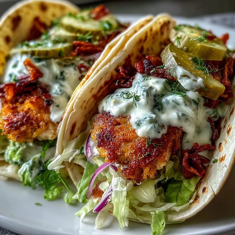 Dill Pickle Ranch Smash Chicken Tacos with crunchy melted cheese rim, pickles, lettuce, and spicy ranch sauce for dinner.