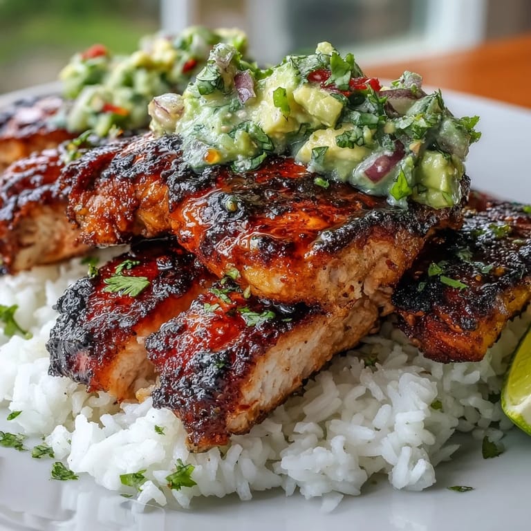Colorful serving of Tangy Honey Lime Chicken & Avocado Rice Stack garnished with fresh cilantro and avocado.