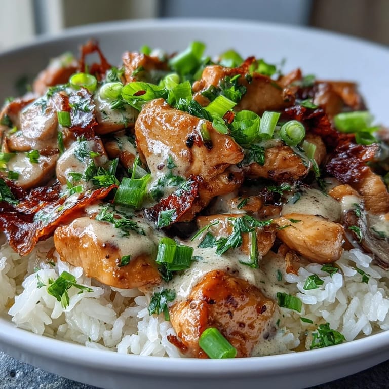 Spoonful of savory Coconut Chicken Rice Bowl with glossy sauce and herbs, served ready to enjoy in a rustic white bowl.