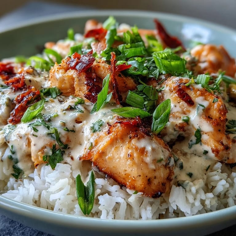 Close-up of a fresh Coconut Chicken Rice Bowl highlighting juicy chicken, white coconut sauce, and green scallions over steaming rice.