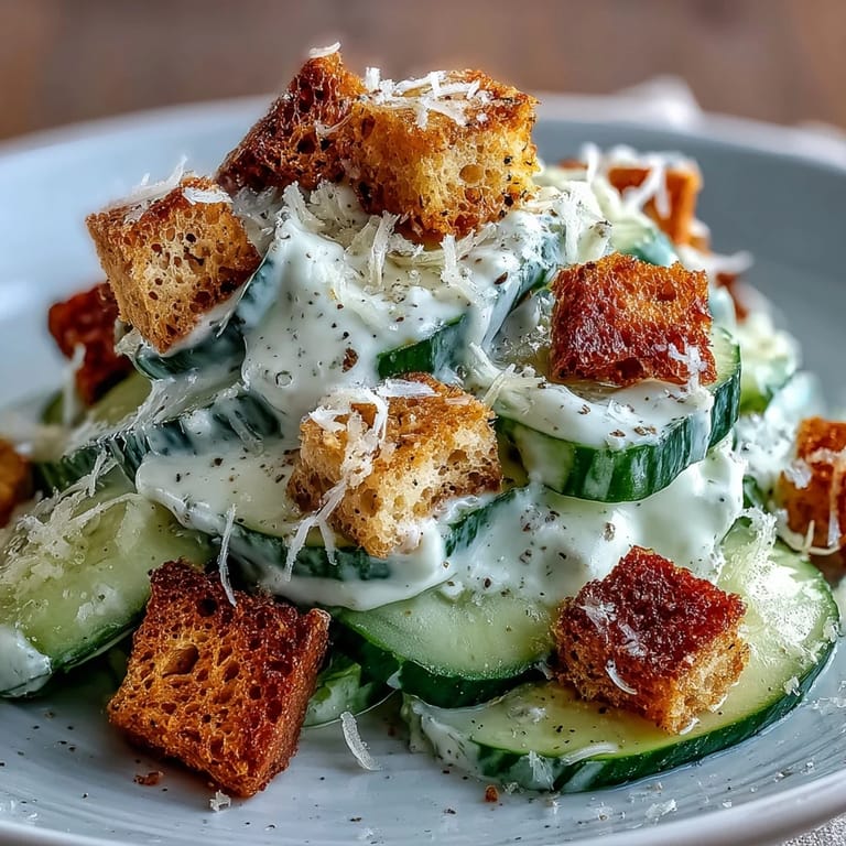 This low-effort Cucumber Caesar Salad features crisp cucumber slices, rich dressing, and extra grated Parmesan on a clean white plate.