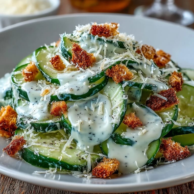 A light Cucumber Caesar Salad is plated with optional cherry tomatoes, avocado, and herbs, ready to serve at a summer picnic.