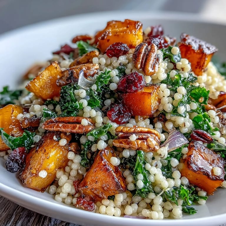 A close-up of Honey Autumn Pearl Couscous Salad showing tender pearl couscous, chopped pecans, and thinly sliced red onion lightly coated in tangy honey-citrus dressing.