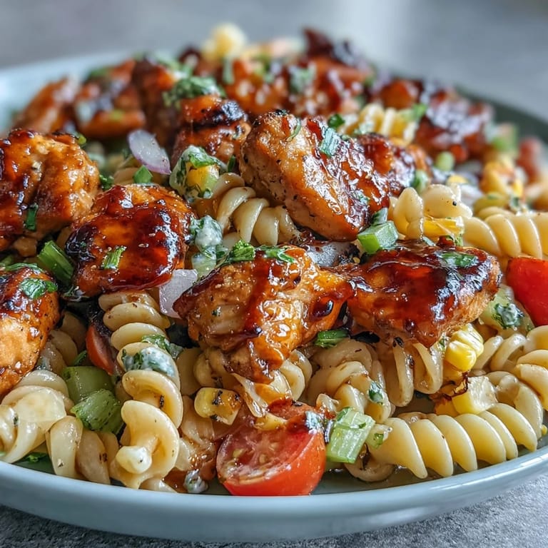 A spoon scoops into the creamy Honey BBQ Chicken Pasta Salad, revealing tender chicken cubes and crisp celery chunks.