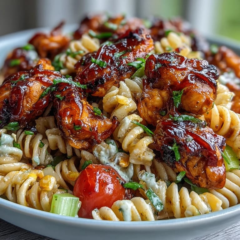 Pasta salad served at a sunny picnic spot, with Honey BBQ Chicken Pasta Salad garnished with fresh parsley.