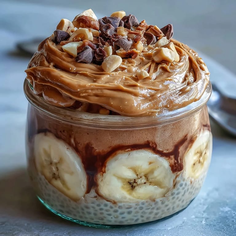 Chunky Monkey Overnight Chia Pudding topped with chopped peanuts and chocolate chips, served chilled as a wholesome breakfast or snack.