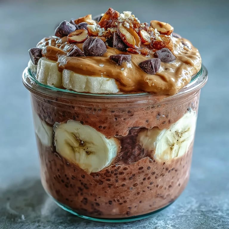 Rich chocolate chia pudding layered with bananas and peanut butter in Chunky Monkey Overnight Chia Pudding, perfect for an easy make-ahead treat.