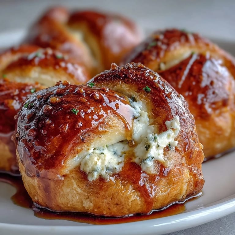 Freshly baked Hot Honey Ricotta Stuffed Garlic Knots served warm on a wooden board with parsley garnish.