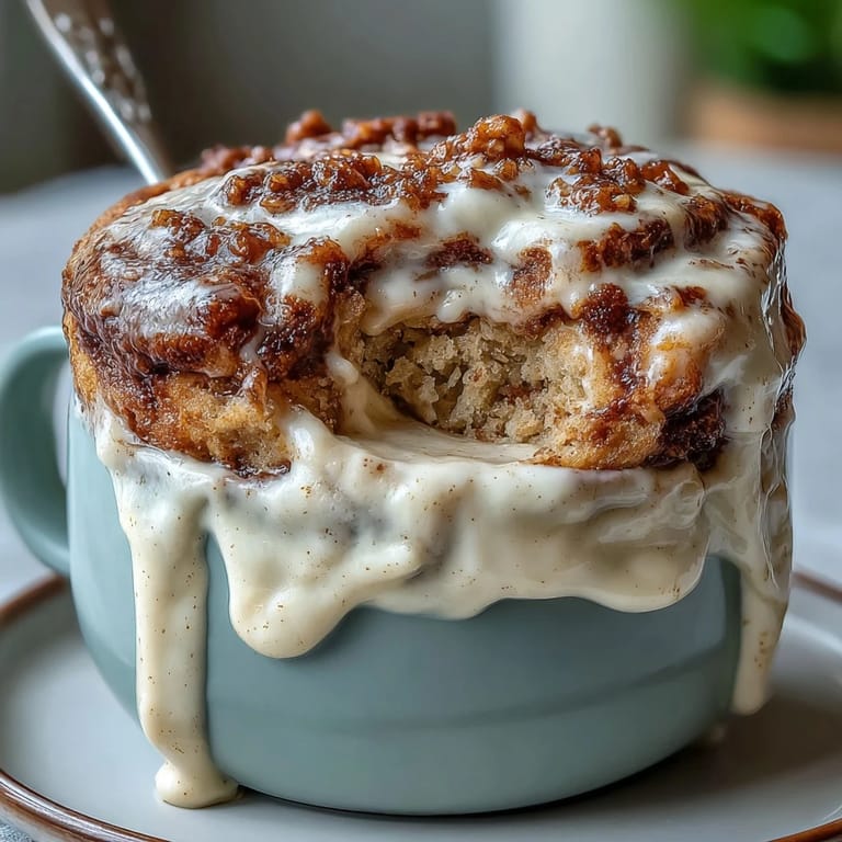 Freshly made High-Protein Cinnamon Roll Mug Cake topped with cream cheese frosting, ready to be enjoyed as a sweet breakfast.
