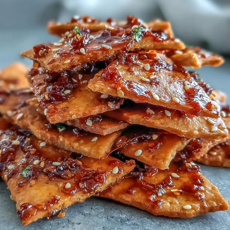 A close-up view of Spicy Chili Crisp Garlic Naan Chips showing their crisp edges and spicy oil texture, ready to be dipped.