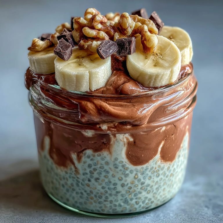 A close-up shows the Chunky Monkey Overnight Chia Pudding with swirled peanut butter and sliced bananas for a hearty breakfast.