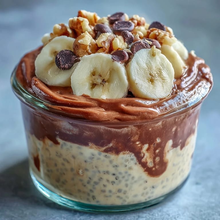 This Chunky Monkey Overnight Chia Pudding features rich cocoa, fresh banana slices, and chopped walnuts in a chilled glass jar.