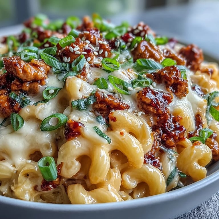 Savory Korean-Style Turkey Mac & Cheese served warm, featuring tender elbow macaroni in a rich cheddar blend with colorful garnishes.