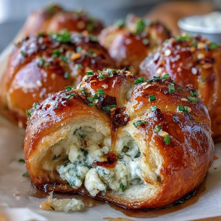 Warm Hot Honey Ricotta Stuffed Garlic Knots drizzled with spicy honey on a rustic wooden board.