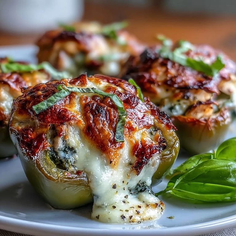 A platter of golden Pesto Chicken Stuffed Sweet Peppers, perfect for a party snack or light dinner.