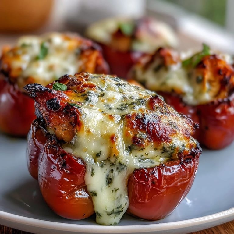 Fresh basil garnish tops these golden, baked Pesto Chicken Stuffed Sweet Peppers with bubbly melted cheese.