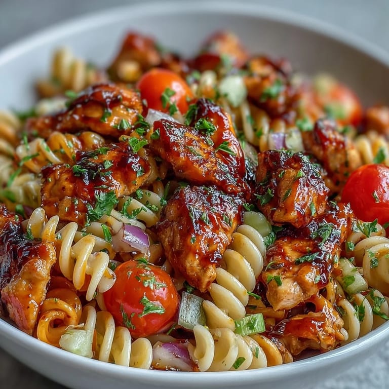Close-up of honey BBQ chicken pasta salad featuring glazed chicken, cherry tomatoes, corn, and celery in a creamy dressing, ready for a summer potluck.