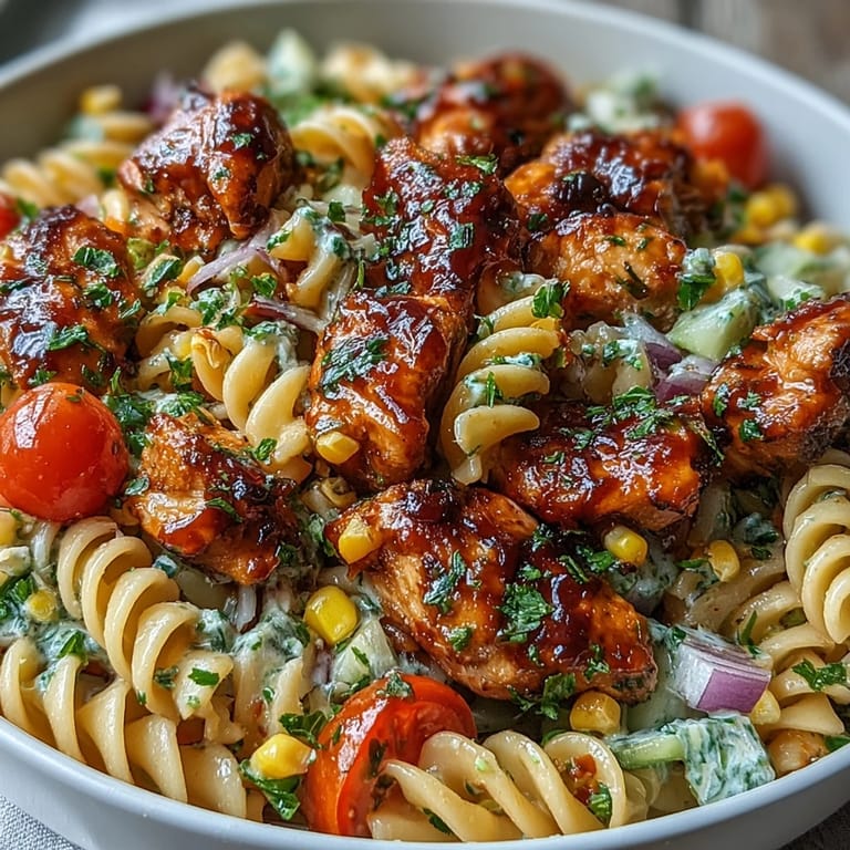 Overhead view of honey BBQ chicken pasta salad with glistening sauce, red bell pepper, and fresh chives, perfect for a crowd-pleasing main dish.