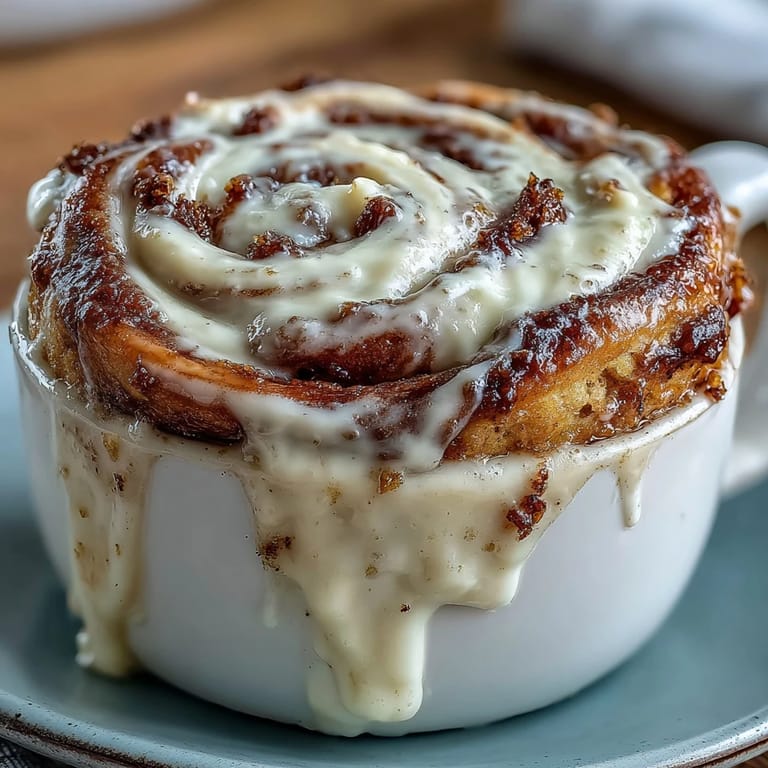 Easy High-Protein Cinnamon Roll Mug Cake recipe served warm with a spoon, perfect for a quick dessert.