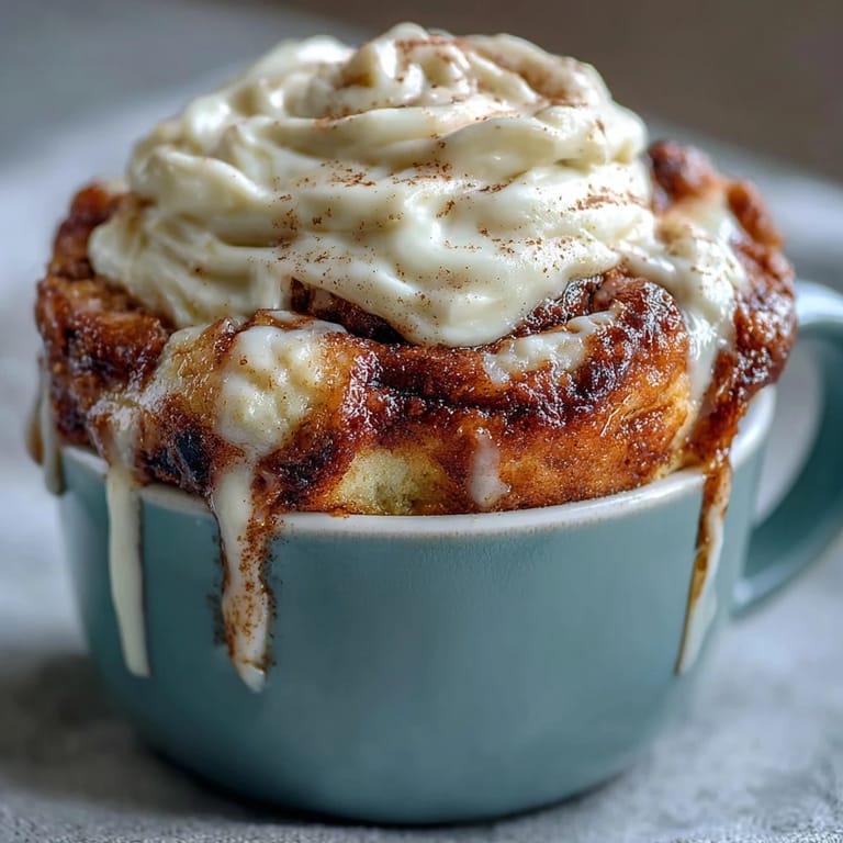 A single-serve High-Protein Cinnamon Roll Mug Cake topped with rich cream cheese frosting, ready to enjoy.