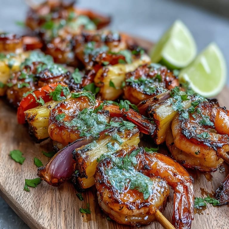 Colorful skewers of shrimp, pineapple chunks, and red peppers, glazed with zesty cilantro lime marinade.
