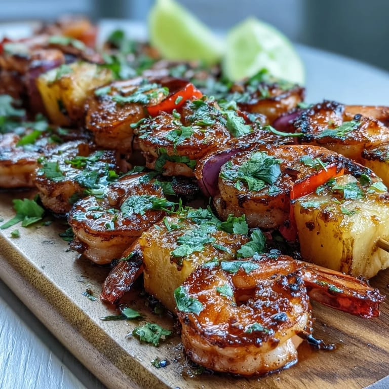Sizzling Grilled Shrimp and Pineapple Skewers with Cilantro Lime, served hot with fresh cilantro garnish.