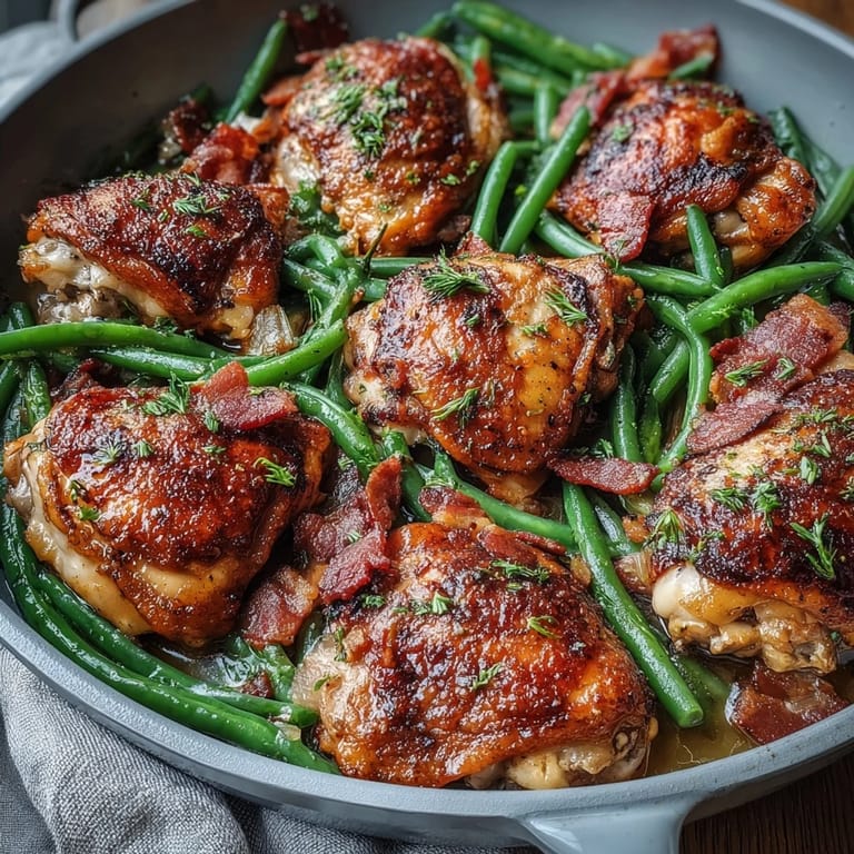 Juicy chicken thighs are baked with crispy bacon and a creamy ranch seasoning, served alongside tender green beans for a low-carb, flavor-packed meal.